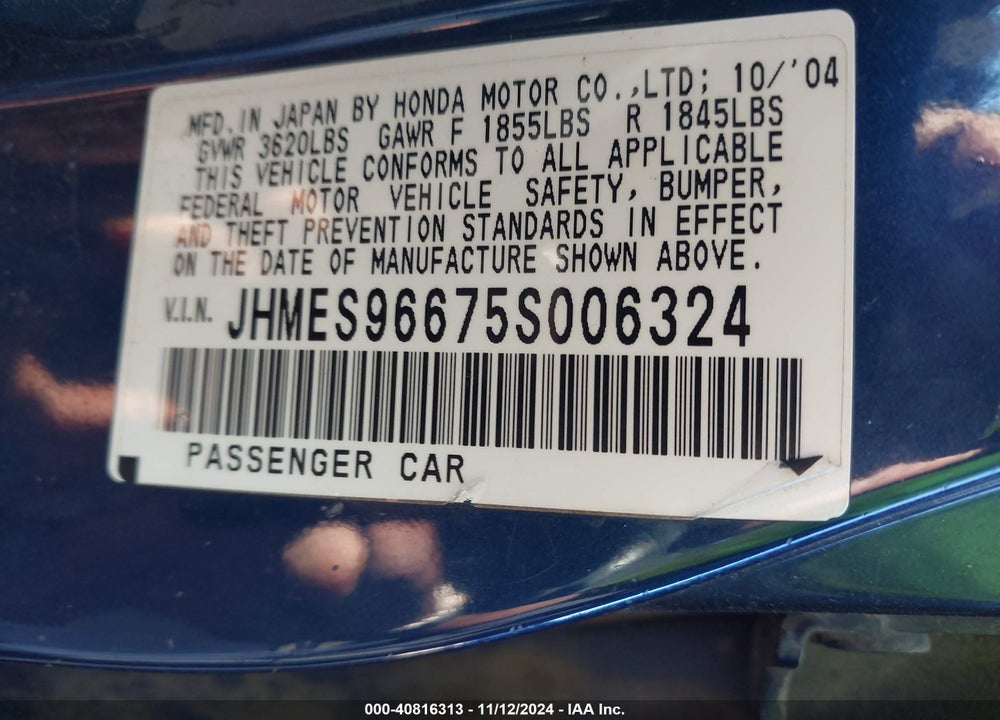 2005 HONDA CIVIC HYBRID VIN: JHMES96675S006324