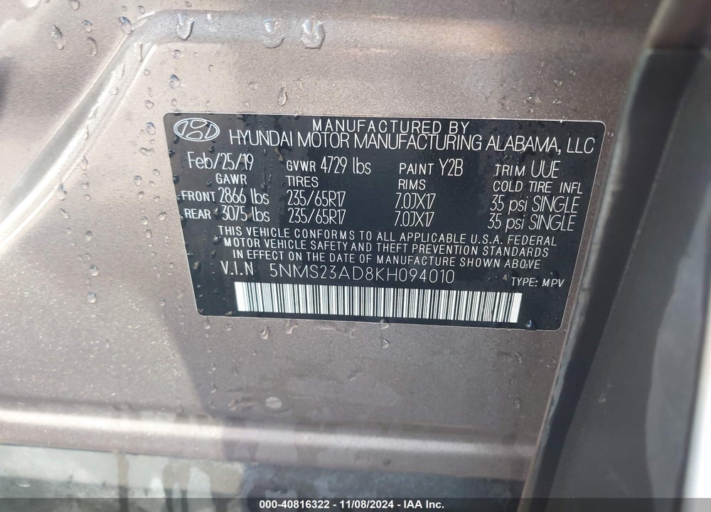 2019 HYUNDAI SANTA FE SE VIN: 5NMS23AD8KH094010