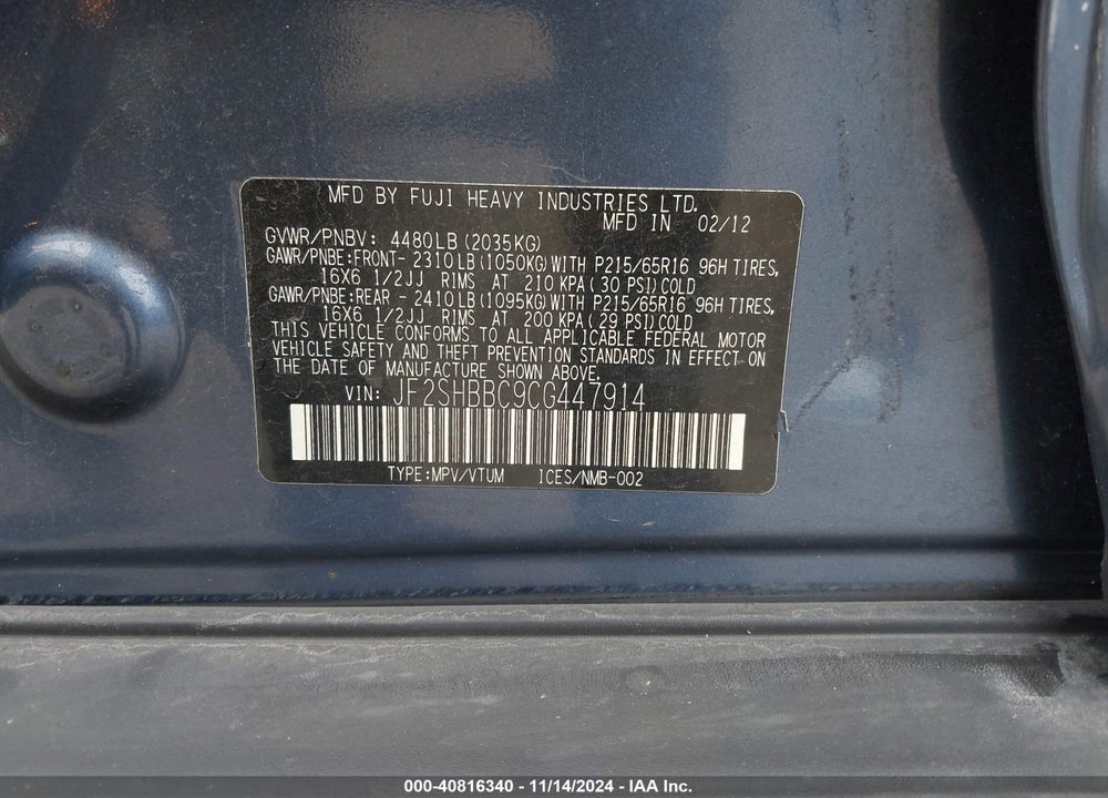 2012 SUBARU FORESTER 2.5X VIN: JF2SHBBC9CG447914