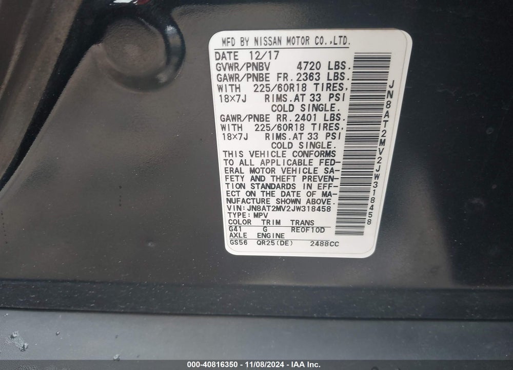 2018 NISSAN ROGUE VIN: JN8AT2MV2JW318458