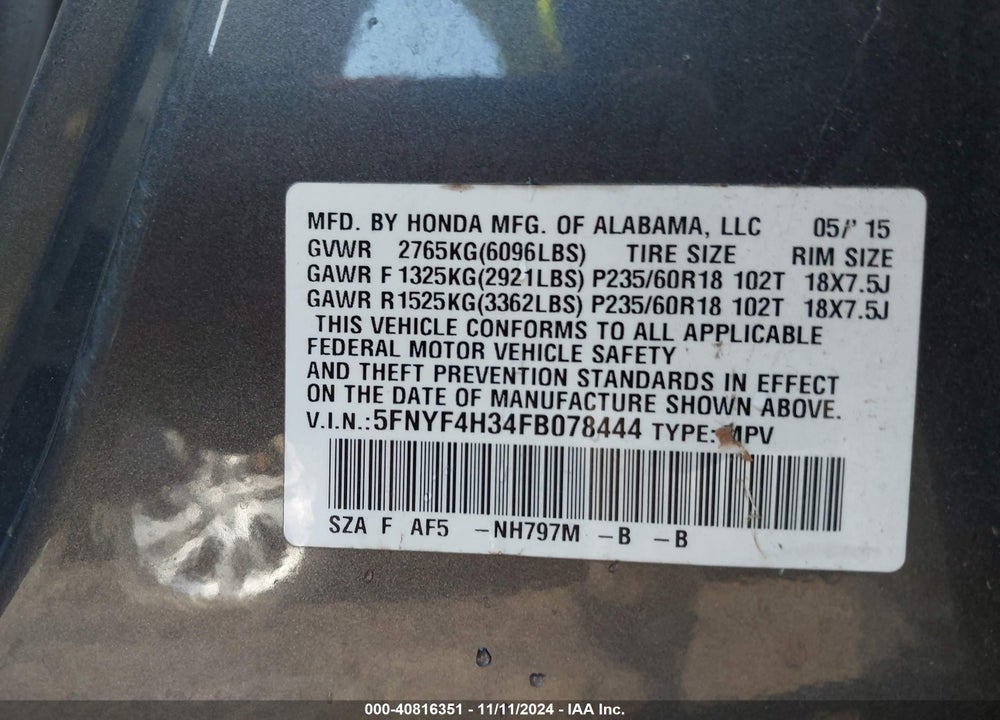 2015 HONDA PILOT SE VIN: 5FNYF4H34FB078444