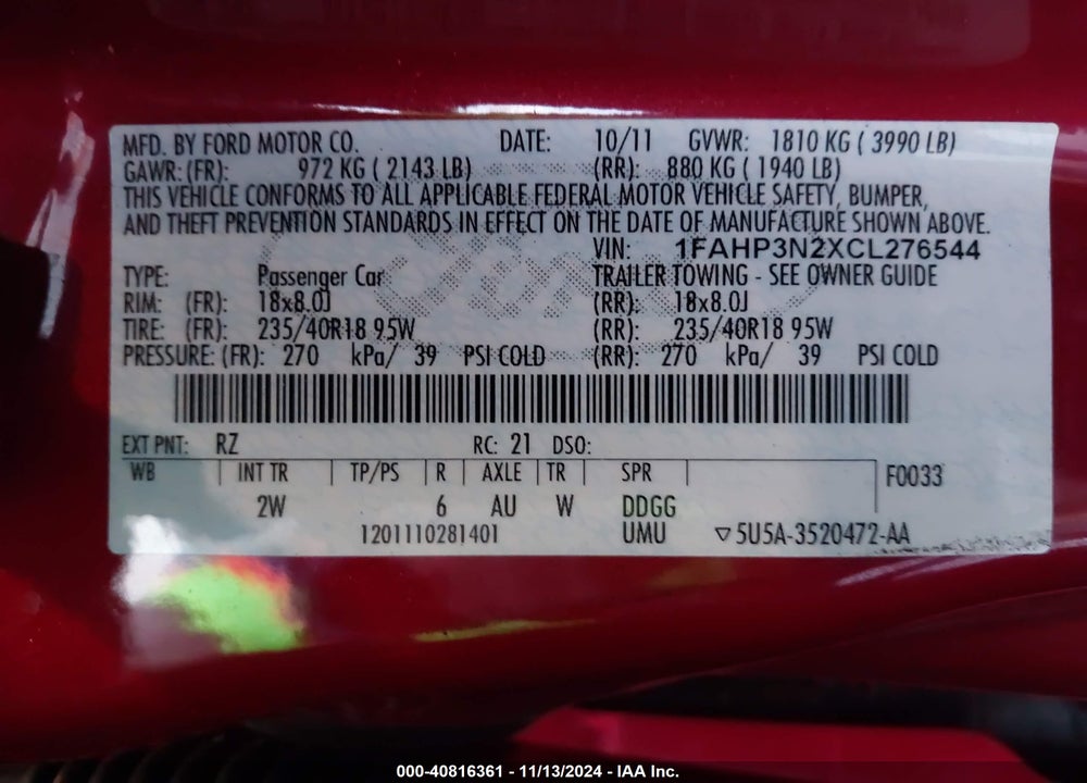2012 FORD FOCUS TITANIUM VIN: 1FAHP3N2XCL276544