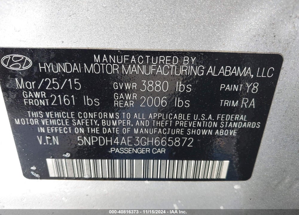 2016 HYUNDAI ELANTRA SE VIN: 5NPDH4AE3GH665872
