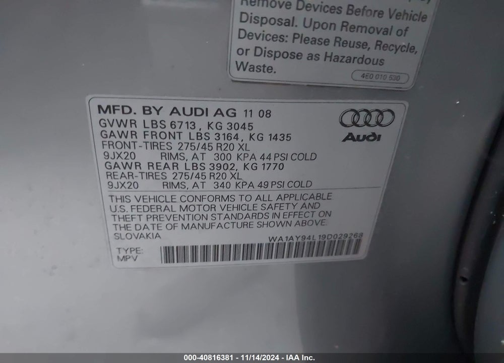 2009 AUDI Q7 3.6 PREMIUM VIN: WA1AY94L19D029268