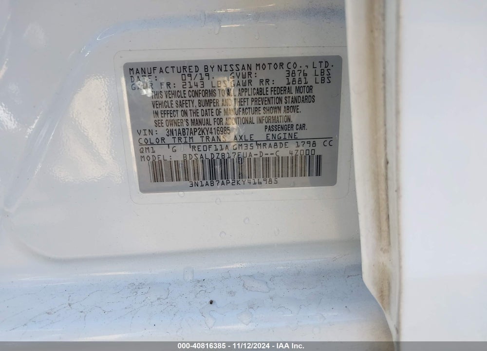 2019 NISSAN SENTRA SV VIN: 3N1AB7AP2KY416985