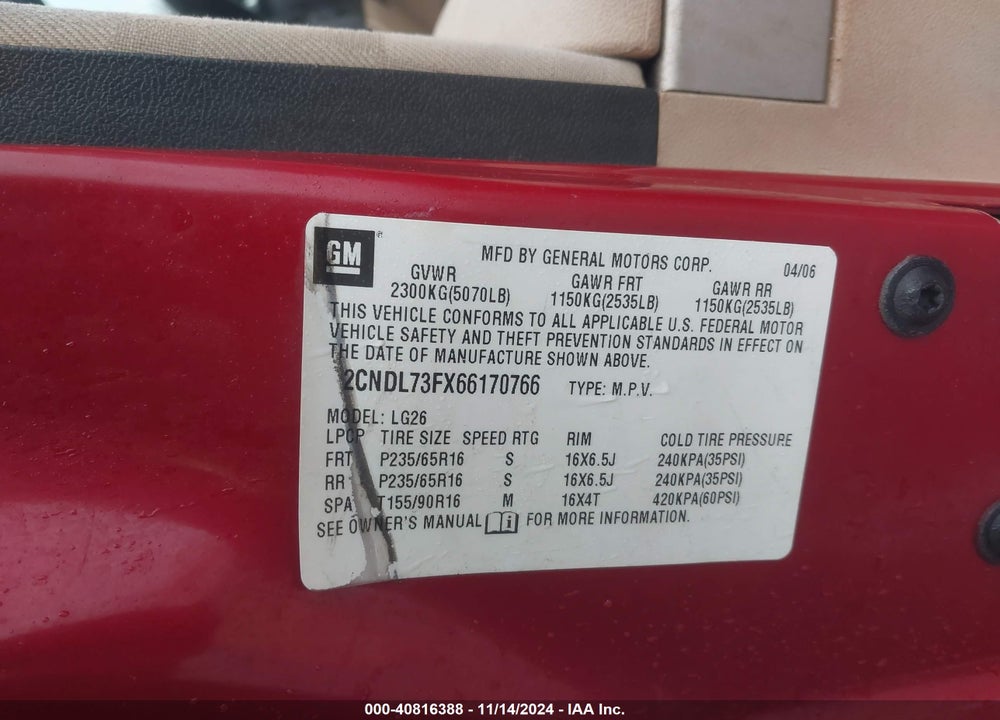 2006 CHEVROLET EQUINOX LT VIN: 2CNDL73FX66170766