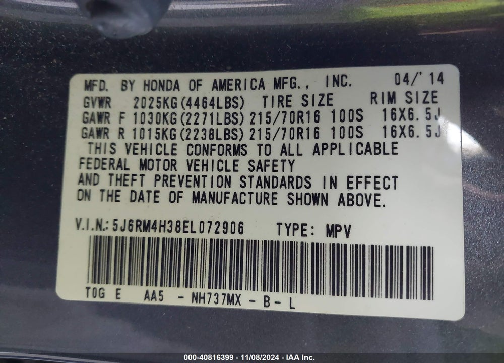 2014 HONDA CR-V LX VIN: 5J6RM4H38EL072906