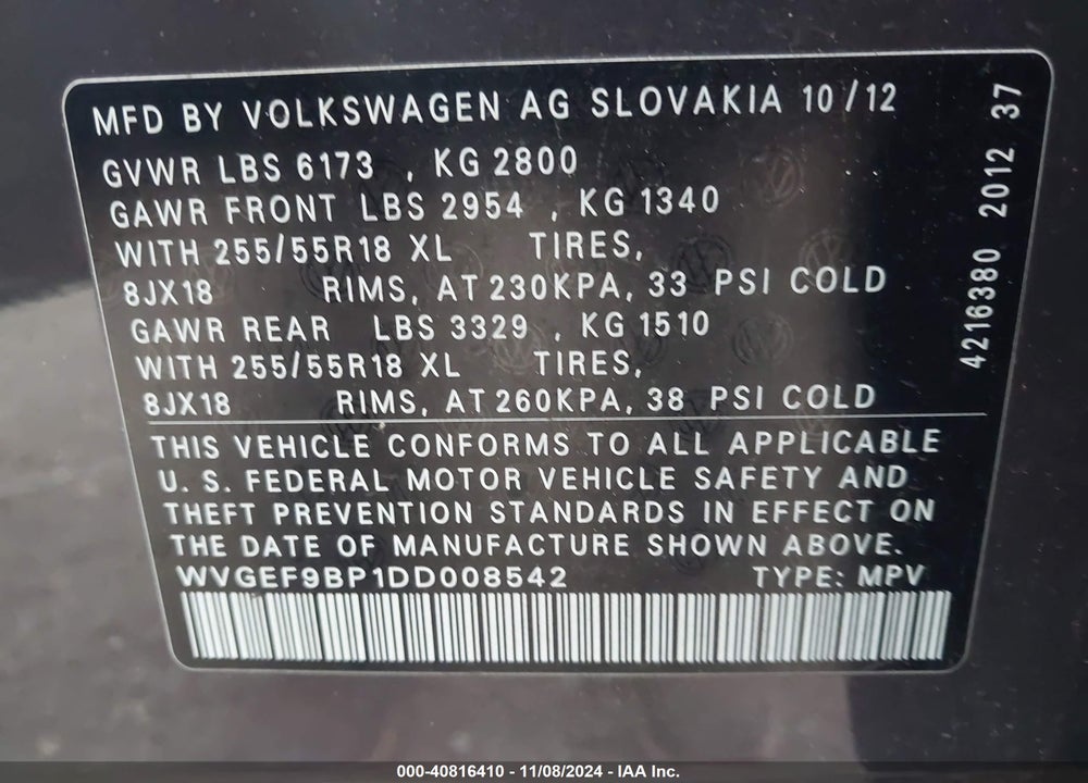 2013 VOLKSWAGEN TOUAREG VR6 SPORT VIN: WVGEF9BP1DD008542
