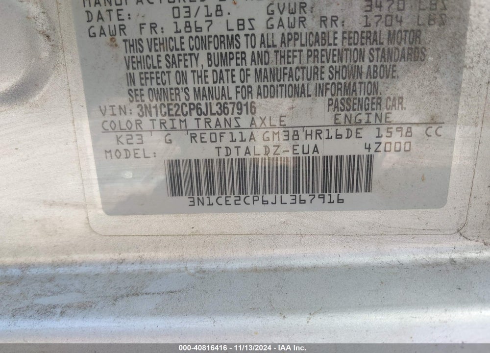 2018 NISSAN VERSA NOTE SV VIN: 3N1CE2CP6JL367916