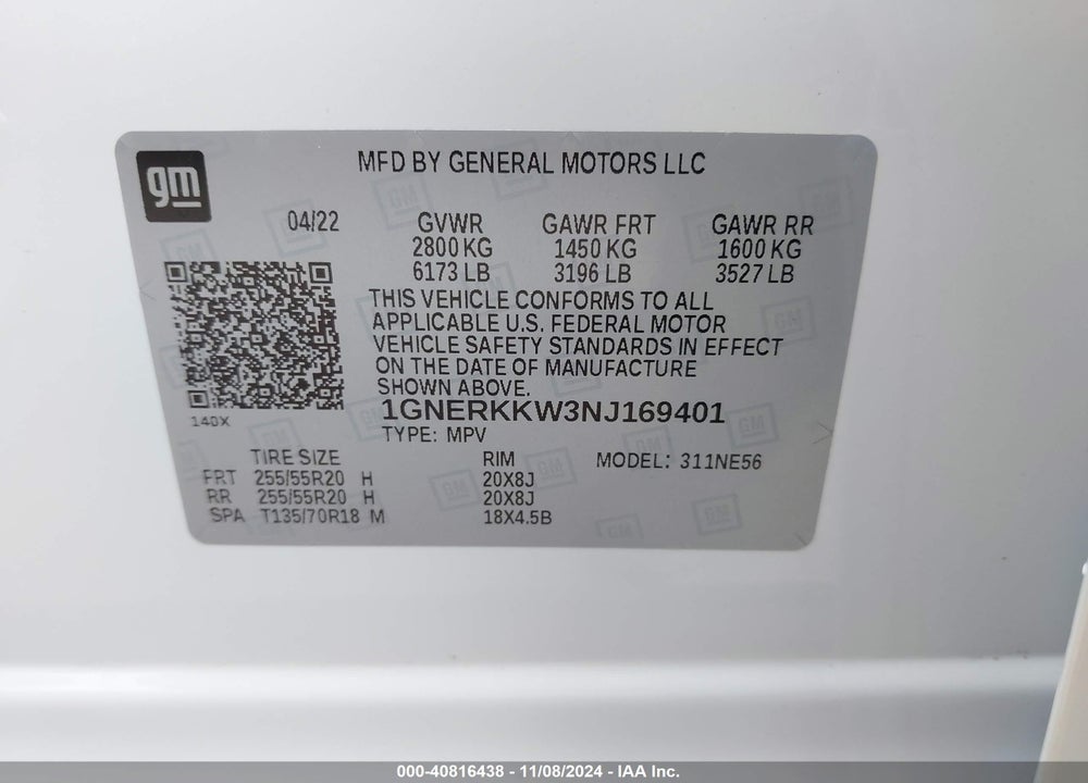 2022 CHEVROLET TRAVERSE FWD PREMIER VIN: 1GNERKKW3NJ169401
