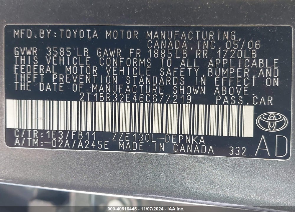 2006 TOYOTA COROLLA LE VIN: 2T1BR32E46C677219