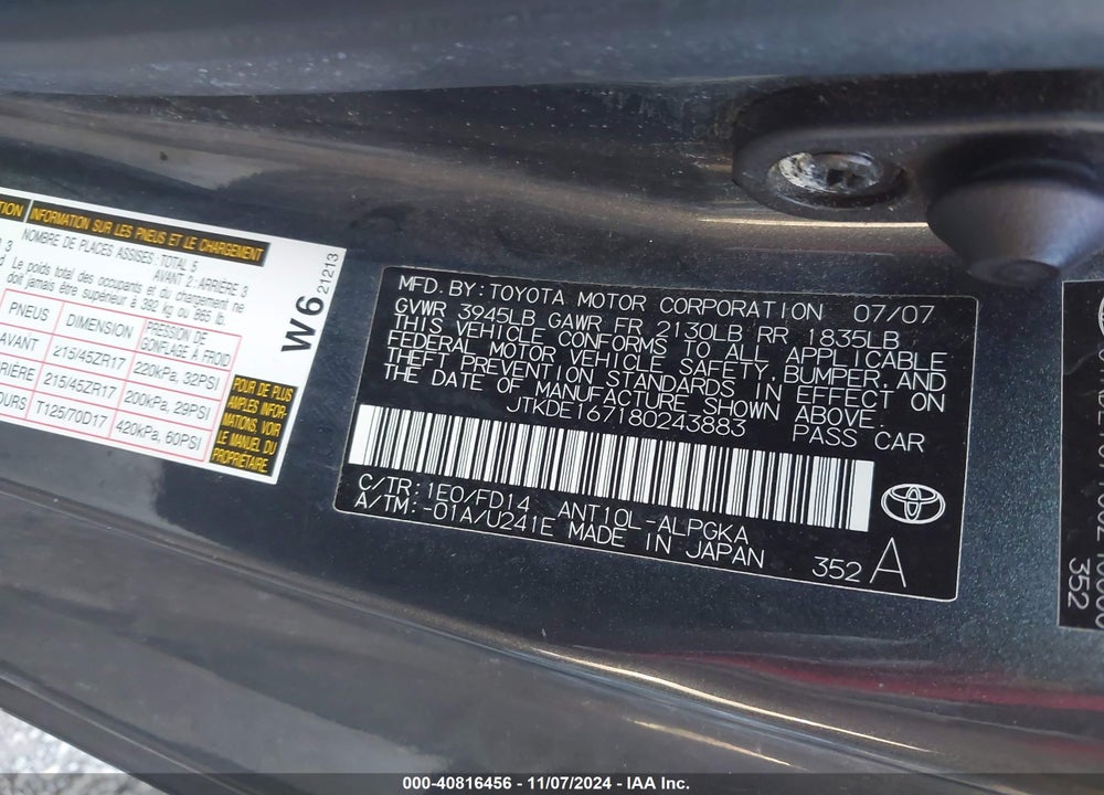 2008 SCION TC VIN: JTKDE167180243883