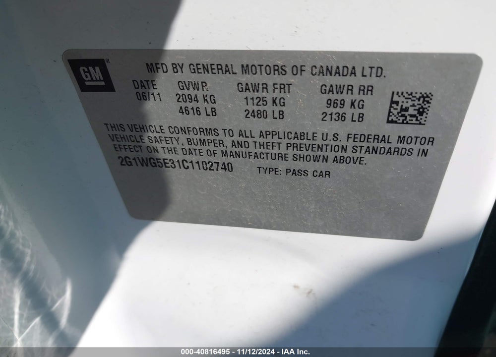 2012 CHEVROLET IMPALA LT VIN: 2G1WG5E31C1102740