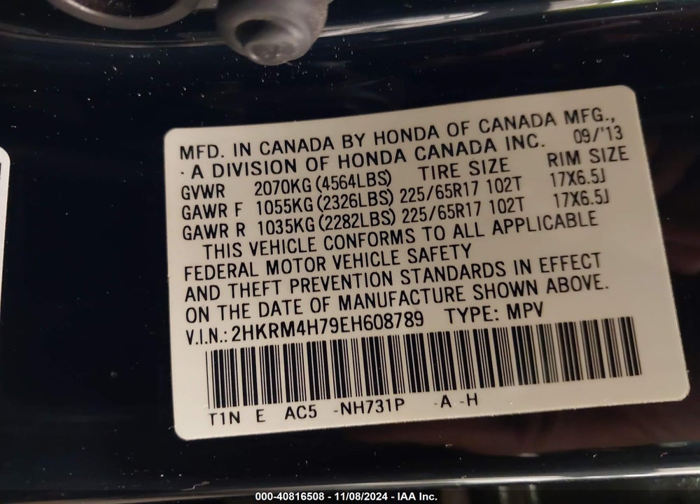 2014 HONDA CR-V EX-L VIN: 2HKRM4H79EH608789