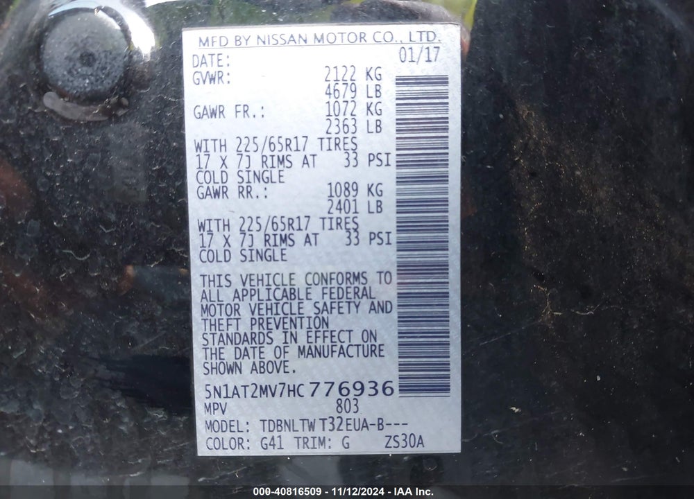 2017 NISSAN ROGUE VIN: 5N1AT2MV7HC776936