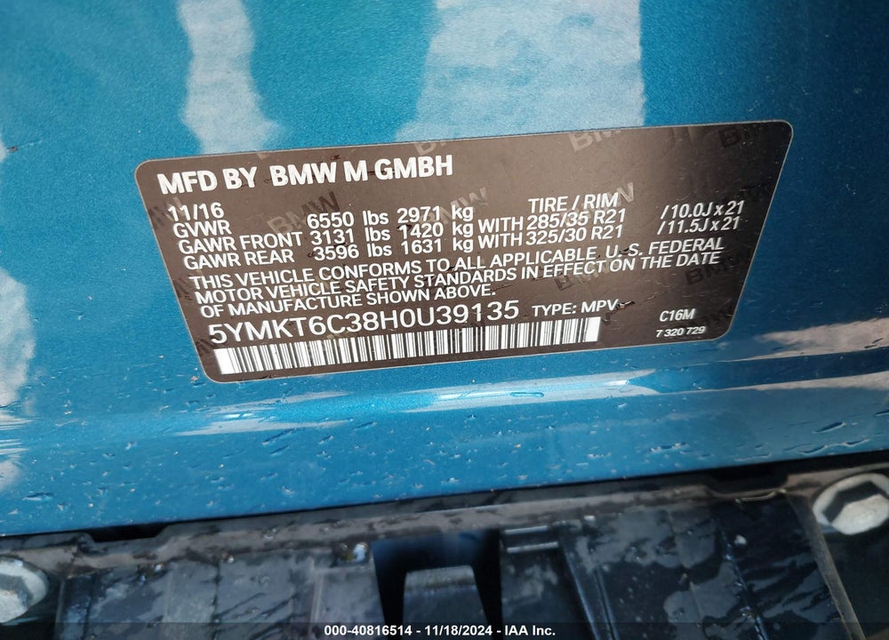 2017 BMW X5 M VIN: 5YMKT6C38H0U39135
