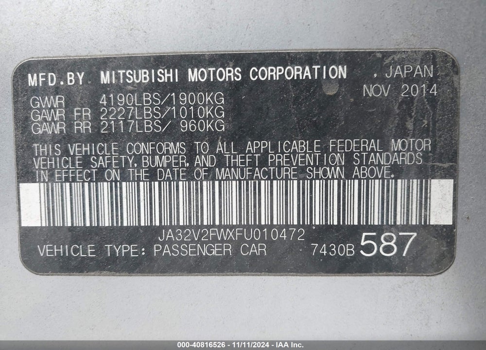 2015 MITSUBISHI LANCER VIN: JA32V2FWXFU010472