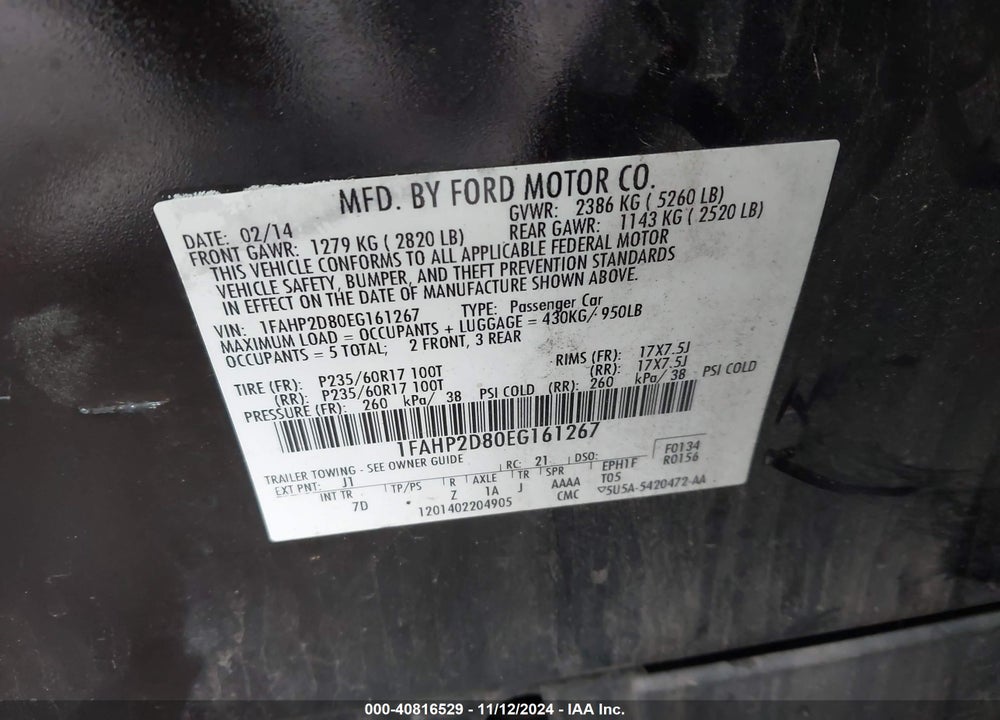2014 FORD TAURUS SE VIN: 1FAHP2D80EG161267
