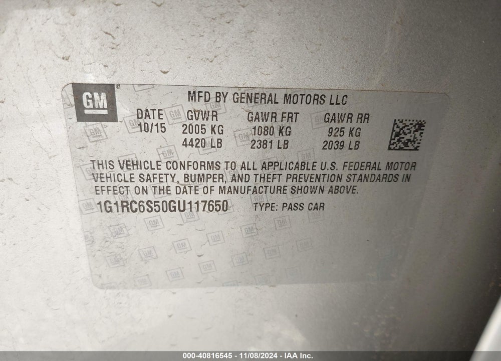 2016 CHEVROLET VOLT LT VIN: 1G1RC6S50GU117650