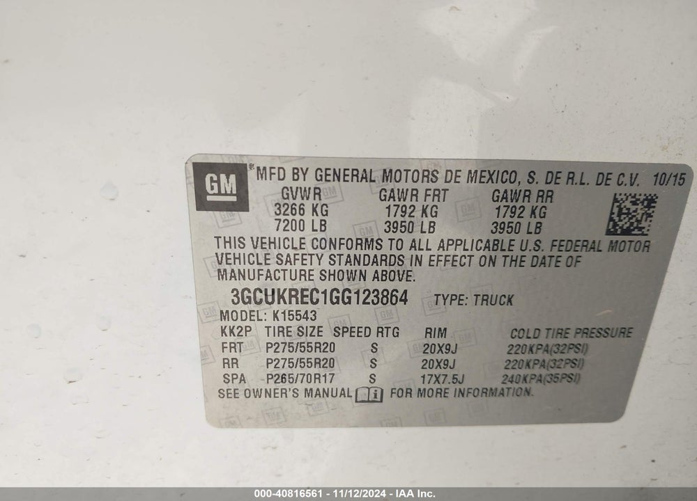 2016 CHEVROLET SILVERADO 1500 1LT VIN: 3GCUKREC1GG123864