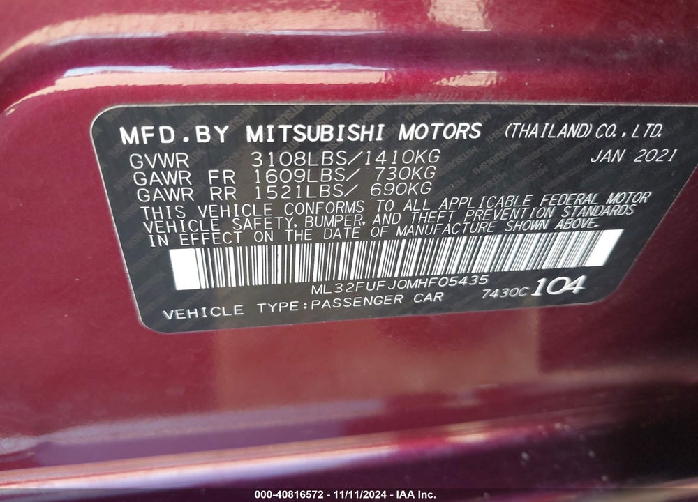 2021 MITSUBISHI MIRAGE G4 CARBONITE EDITION/ES/LE VIN: ML32FUFJ0MHF05435