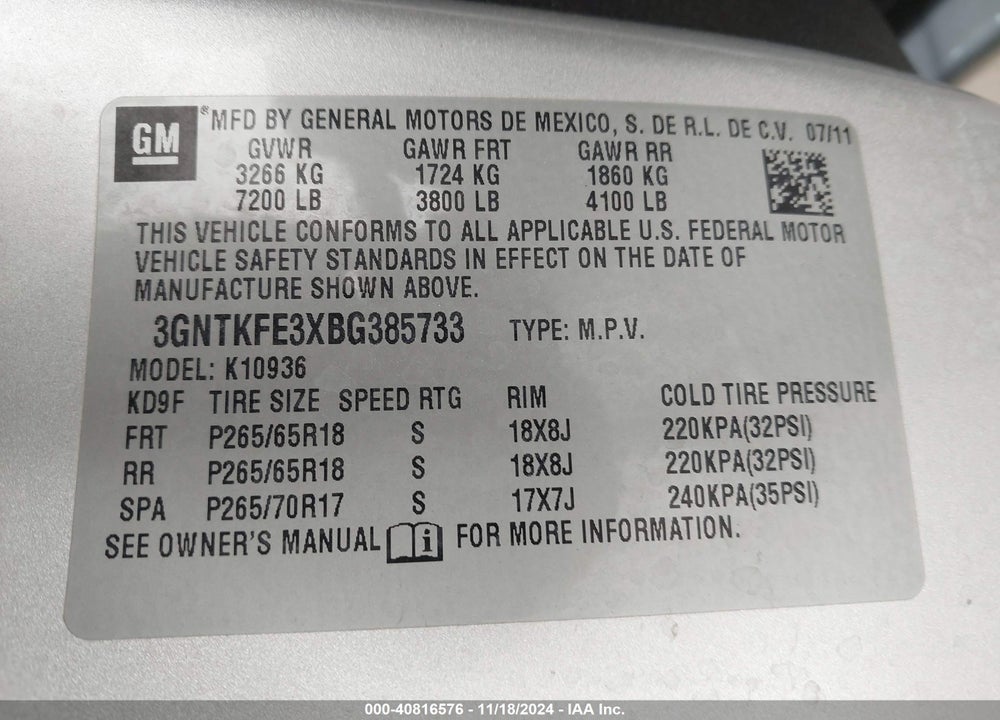 2011 CHEVROLET AVALANCHE 1500 VIN: 3GNTKFE3XBG385733