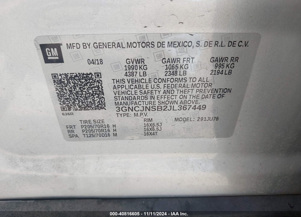 2018 CHEVROLET TRAX LS VIN: 3GNCJNSB2JL367449