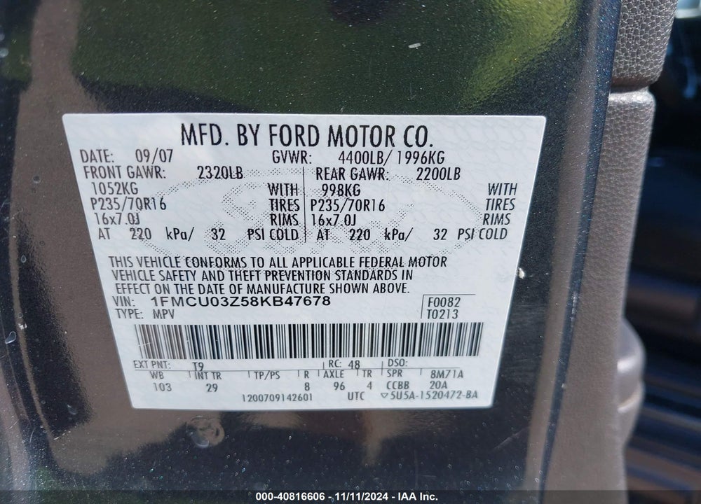 2008 FORD ESCAPE XLT VIN: 1FMCU03Z58KB47678