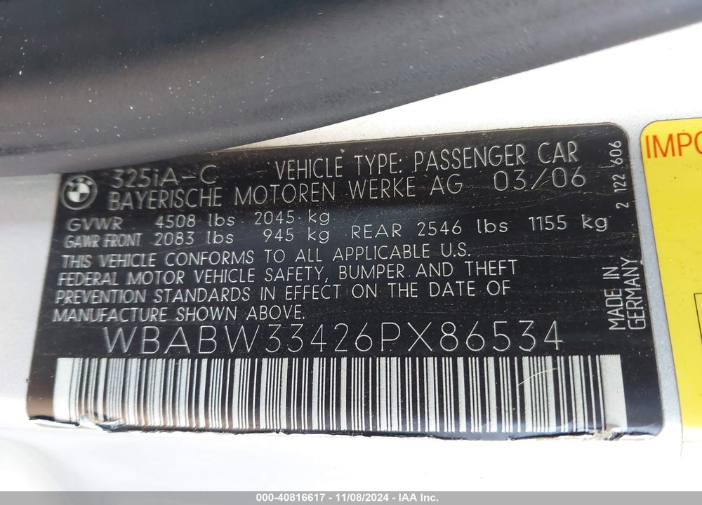 2006 BMW 325CI VIN: WBABW33426PX86534