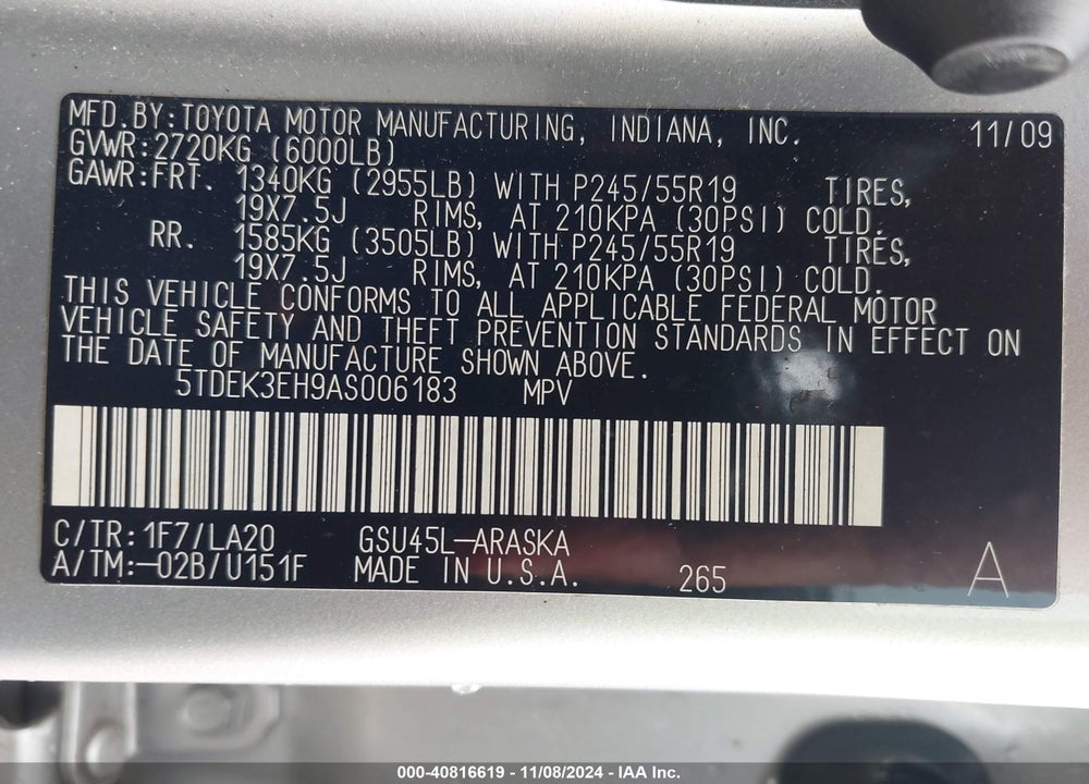 2010 TOYOTA HIGHLANDER SPORT VIN: 5TDEK3EH9AS006183