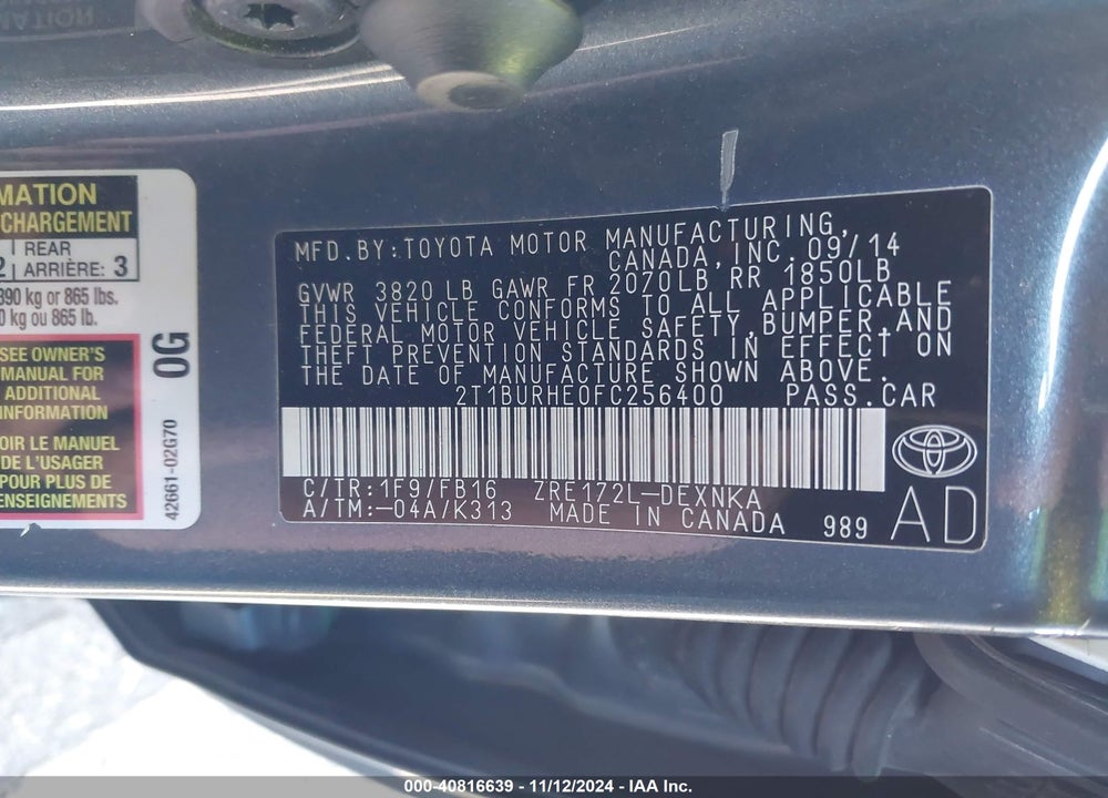 2015 TOYOTA COROLLA LE VIN: 2T1BURHE0FC256400
