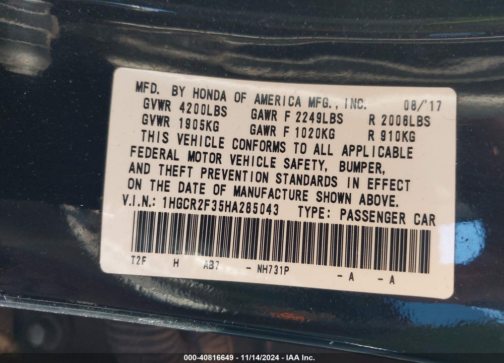 2017 HONDA ACCORD LX VIN: 1HGCR2F35HA285043