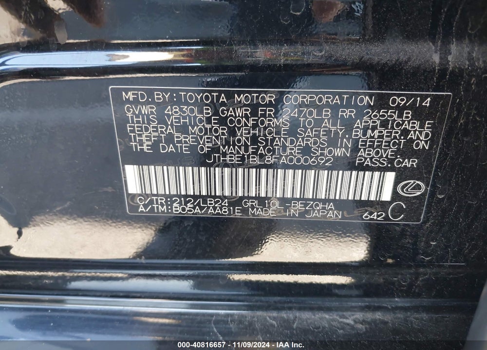 2015 LEXUS GS 350 VIN: JTHBE1BL8FA000692