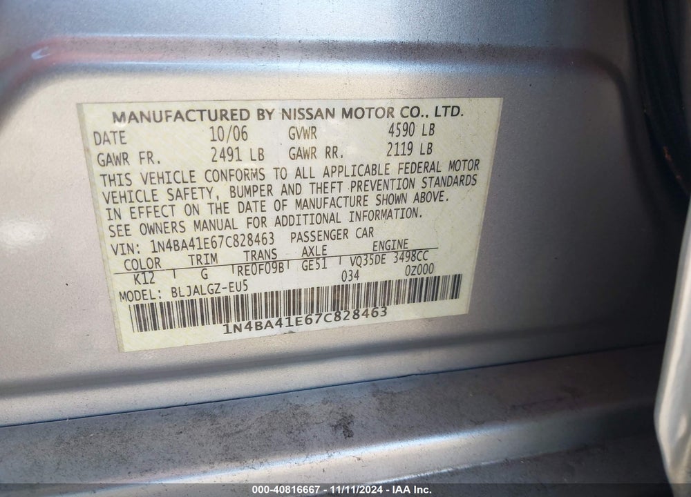 2007 NISSAN MAXIMA 3.5 SL VIN: 1N4BA41E67C828463
