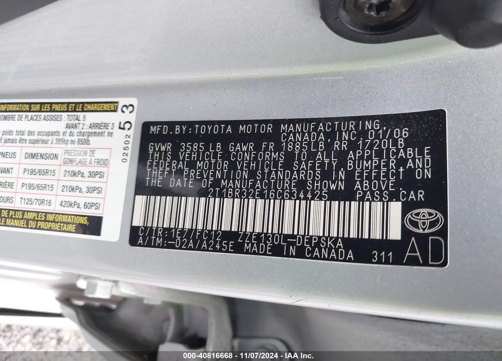 2006 TOYOTA COROLLA S VIN: 2T1BR32E16C634425