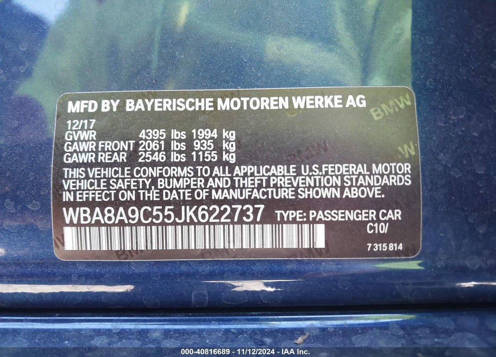 2018 BMW 320 VIN: WBA8A9C55JK622737
