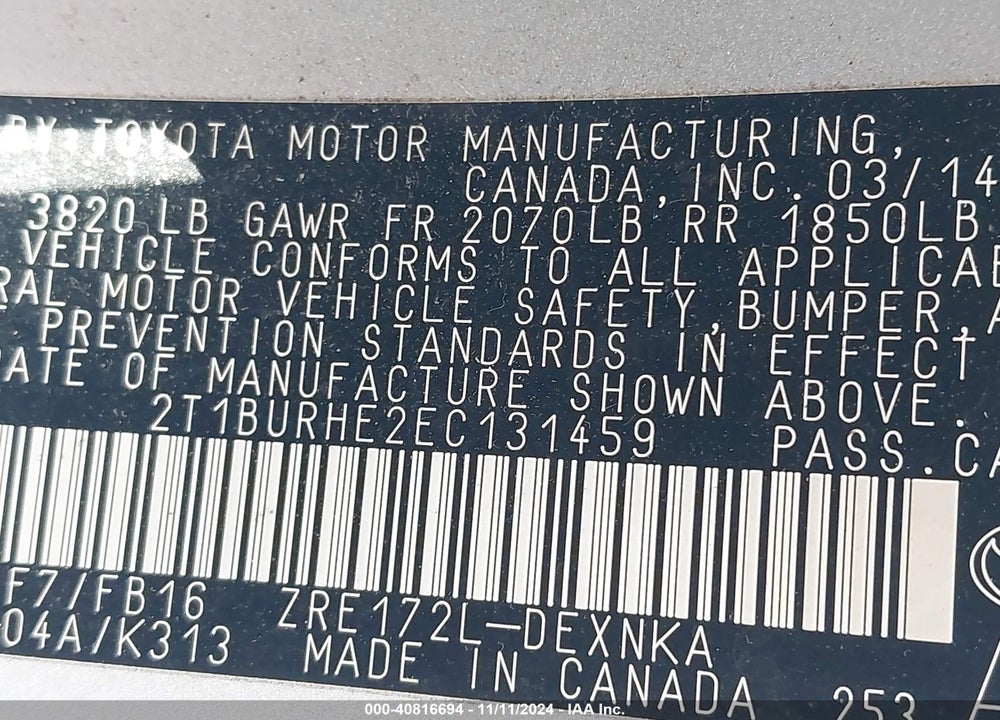 2014 TOYOTA COROLLA LE VIN: 2T1BURHE2EC131459