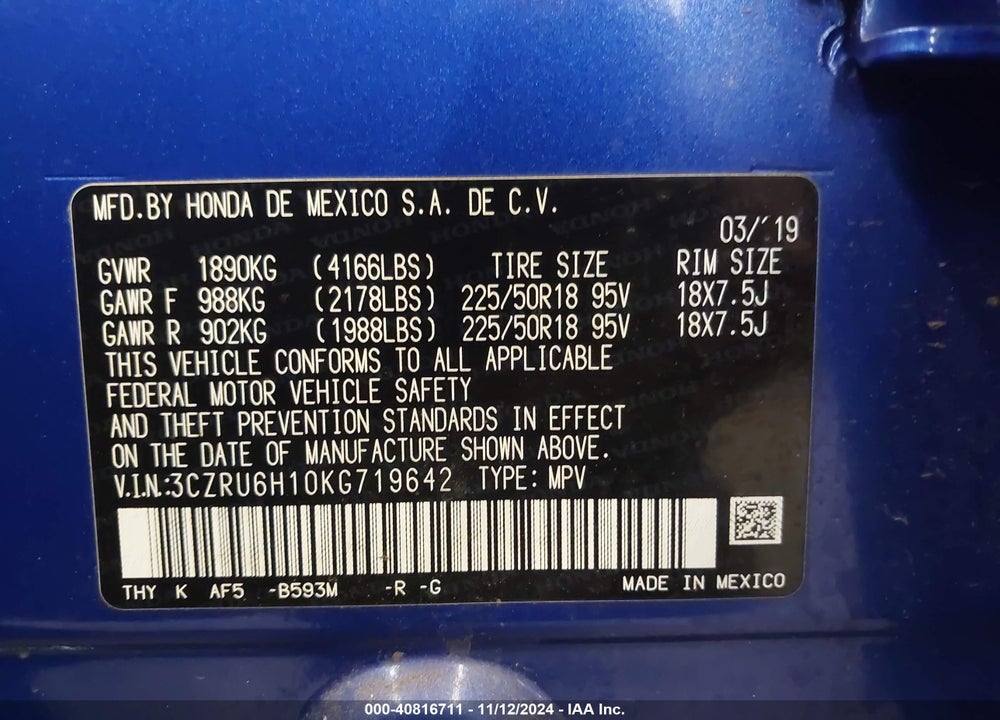 2019 HONDA HR-V SPORT VIN: 3CZRU6H10KG719642