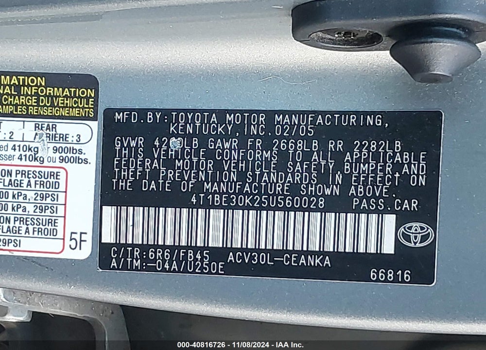 2005 TOYOTA CAMRY LE VIN: 4T1BE30K25U560028