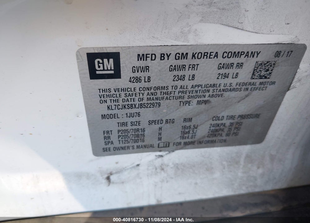 2018 CHEVROLET TRAX LS VIN: KL7CJKSBXJB522979