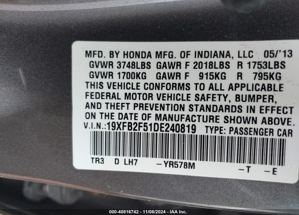 2013 HONDA CIVIC LX VIN: 19XFB2F51DE240819