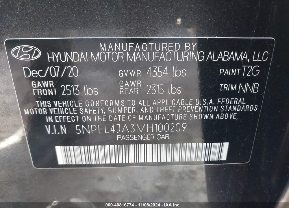 2021 HYUNDAI SONATA SEL VIN: 5NPEL4JA3MH100209