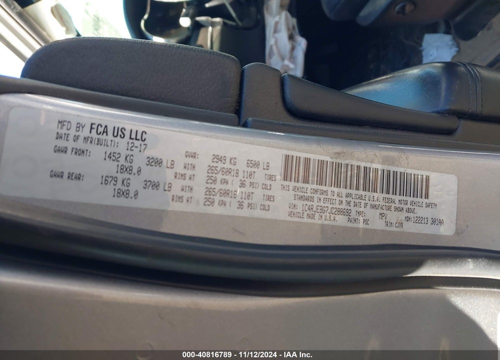 2018 JEEP GRAND CHEROKEE LIMITED 4X2 VIN: 1C4RJEBG7JC288692
