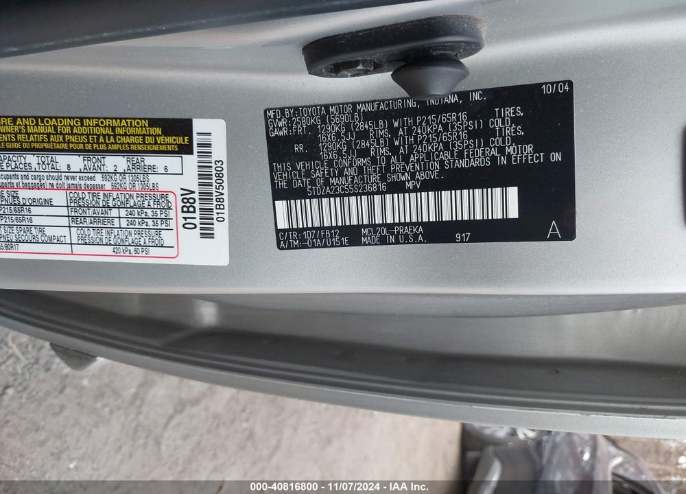 2005 TOYOTA SIENNA LE VIN: 5TDZA23C55S236816