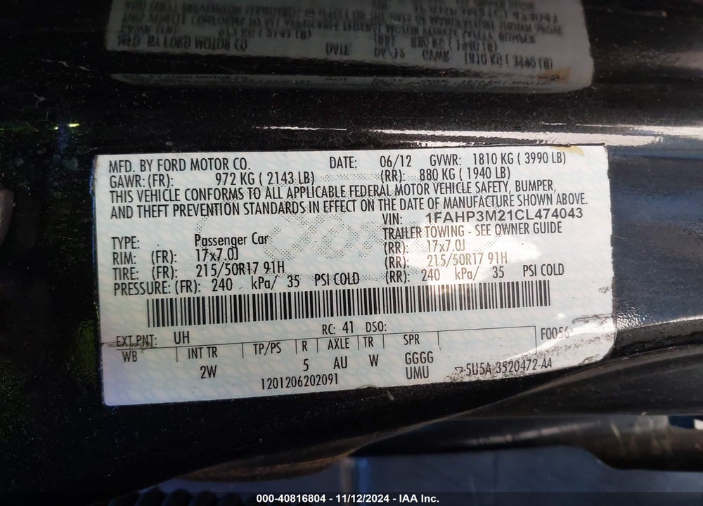 2012 FORD FOCUS SEL VIN: 1FAHP3M21CL474043