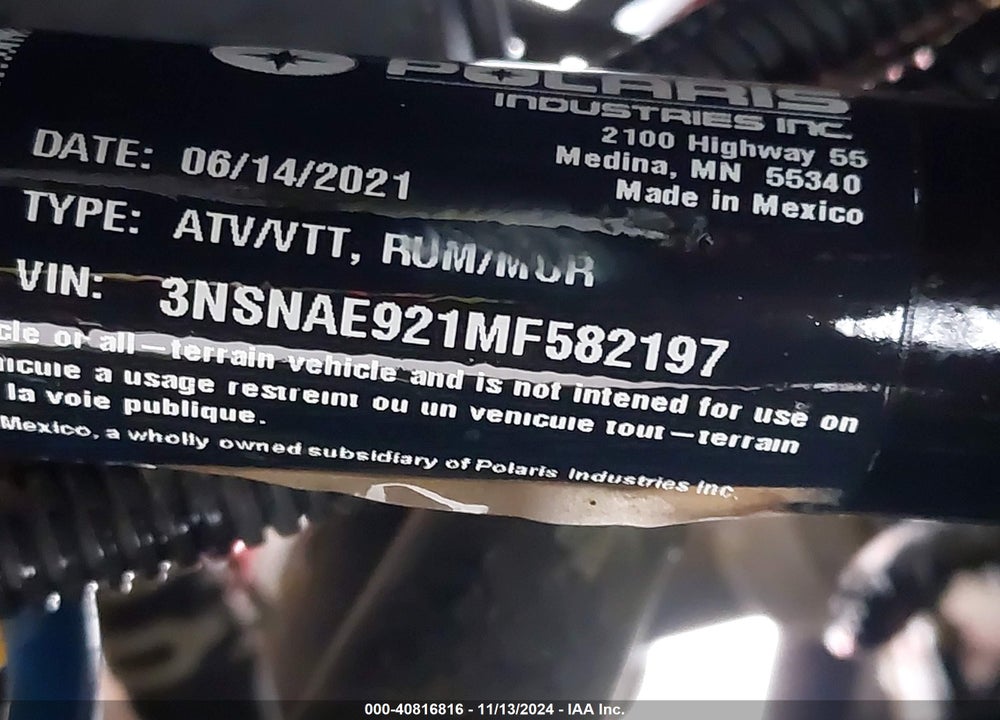 2021 POLARIS RZR XP TURBO VIN: 3NSNAE921MF582197