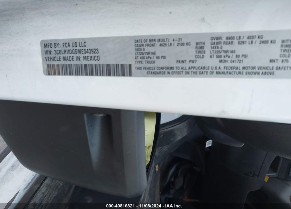 2021 RAM PROMASTER 2500 HIGH ROOF 159 WB VIN: 3C6LRVDG5ME543923