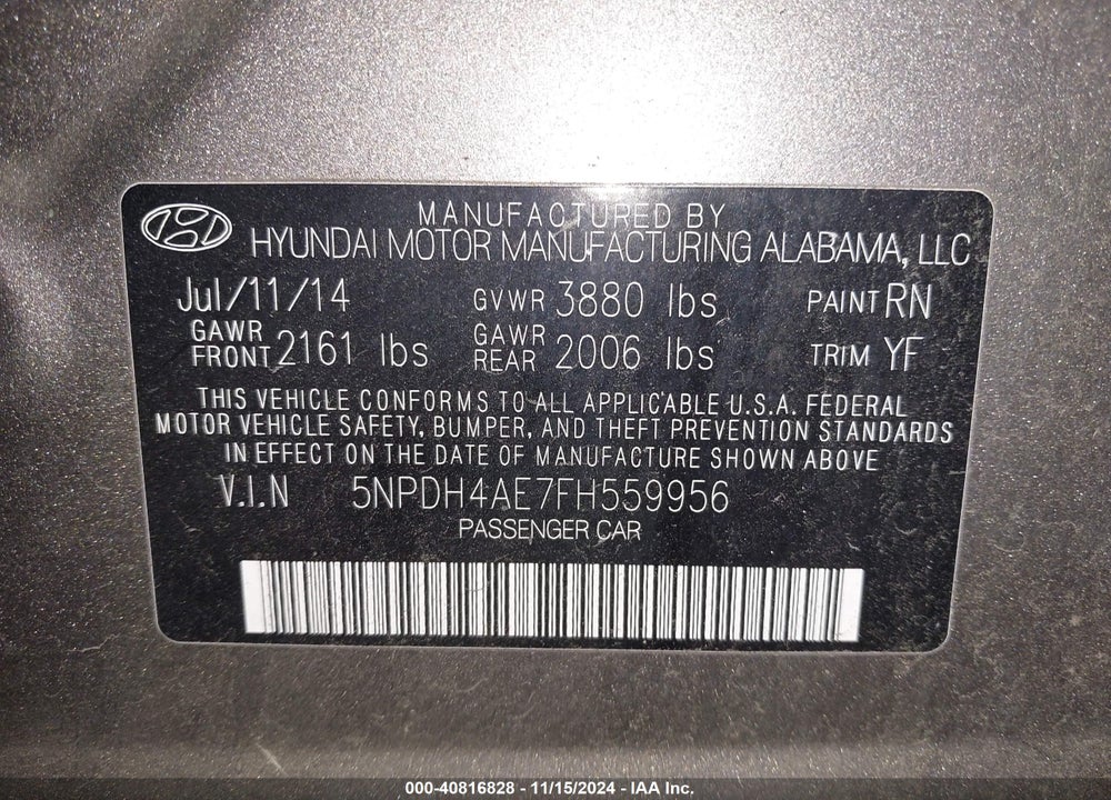 2015 HYUNDAI ELANTRA SE VIN: 5NPDH4AE7FH559956