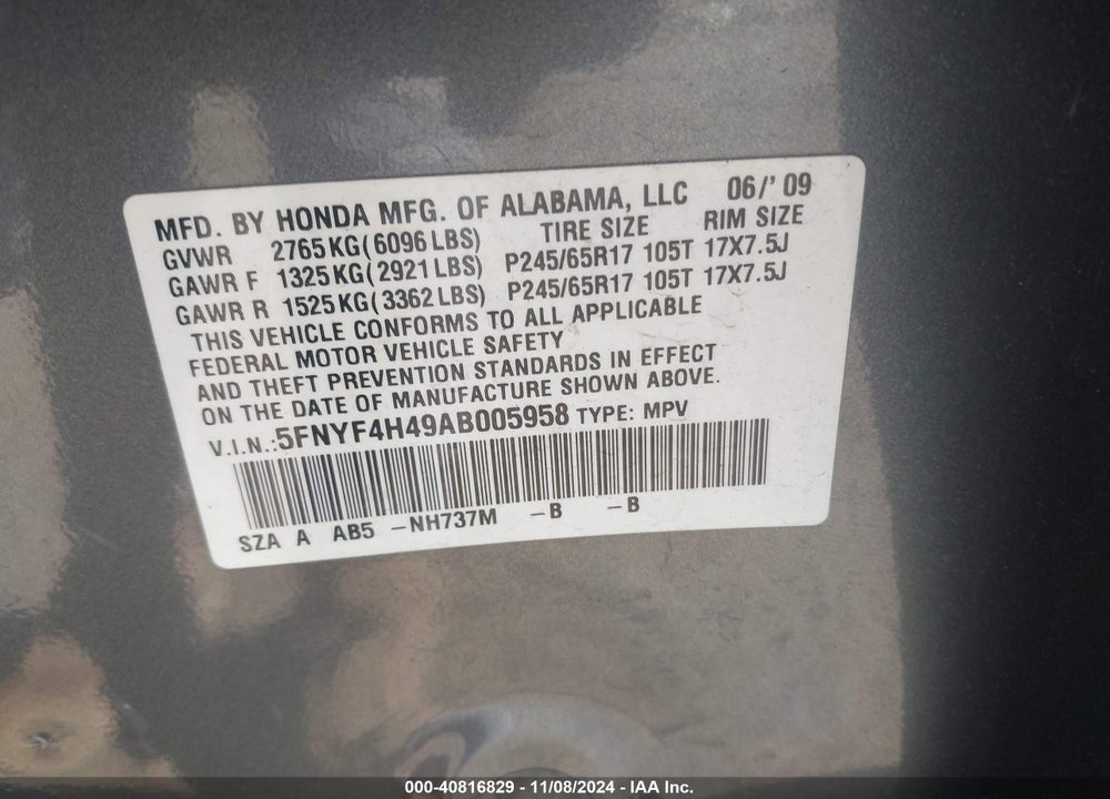 2010 HONDA PILOT EX VIN: 5FNYF4H49AB005958