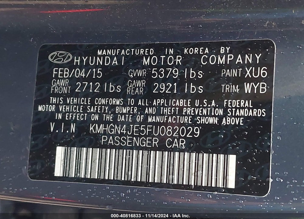2015 HYUNDAI GENESIS 3.8 VIN: KMHGN4JE5FU082029